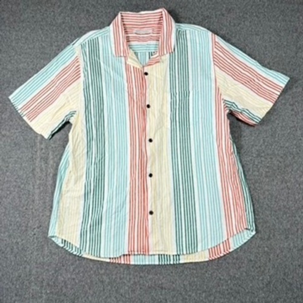 Outerknown Mens XXL Loop Collar Vertical Stripe Hemp Cotton Short Sleeve Shirt